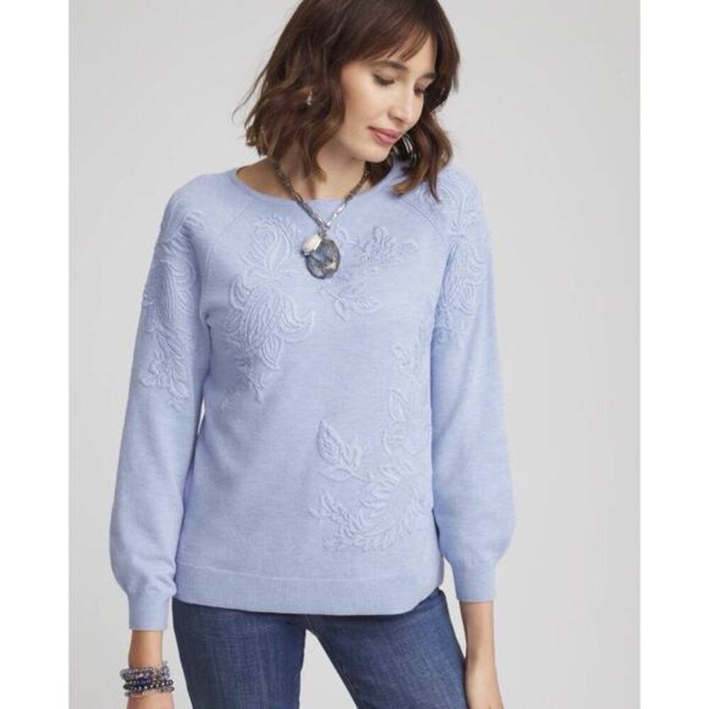 Chico's Pullover Sweater Boat‎ Neck Blue Floral Embroidered Size 2 /Large